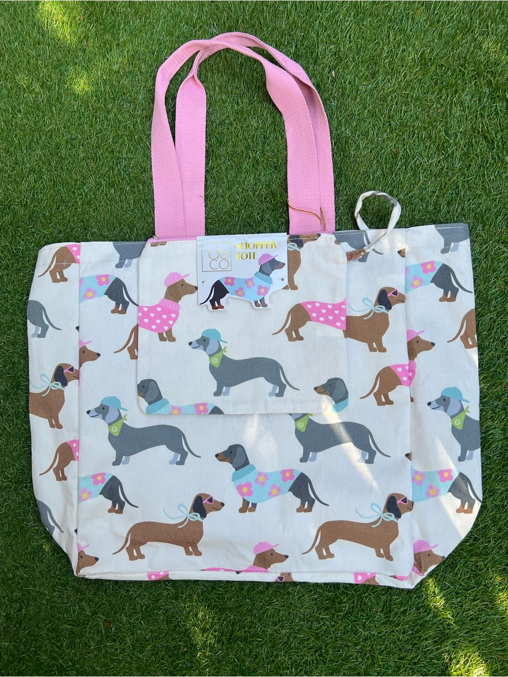 Dachshund Pink Summer Canvas Tote Bag & Pouch Set 2pcs